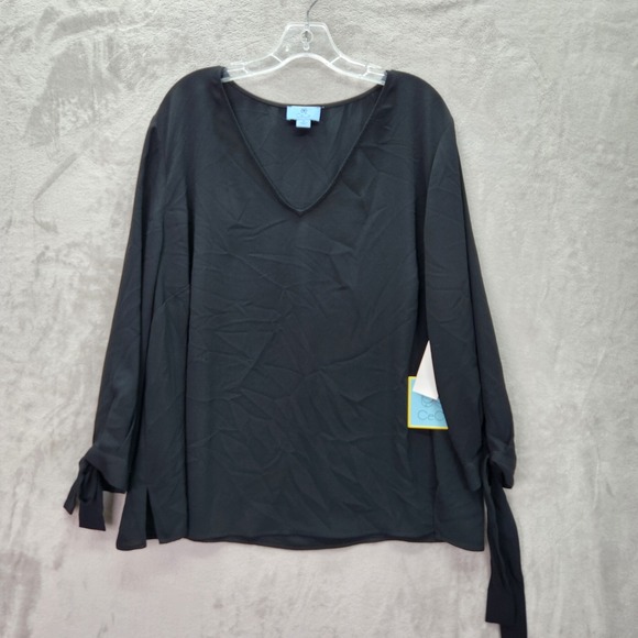 CeCe Blouse Womens Plus 3X Black Essentials Tie Sleeve V Neck Top Career Office - Picture 1 of 7